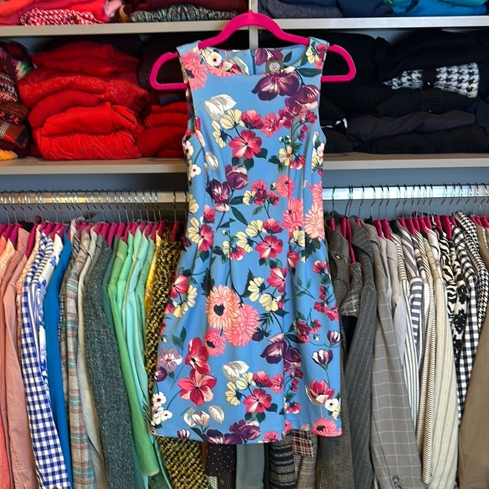 Vince Camuto blue/pink floral sleeveless back zipper closure 2 pocket dress 0